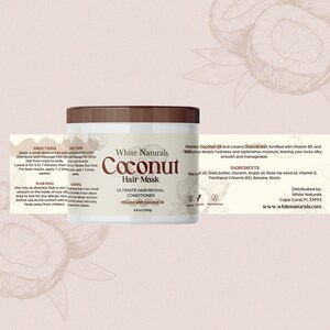May include: White Naturals Coconut Hair Mask, a brown jar with a white label. The label reads "White Naturals Coconut Hair Mask, Ultimate Hair Revival Conditioner, Infused with Coconut Oil, 8.8 oz (250g)". The jar is on a pink background with a white coconut leaf design.