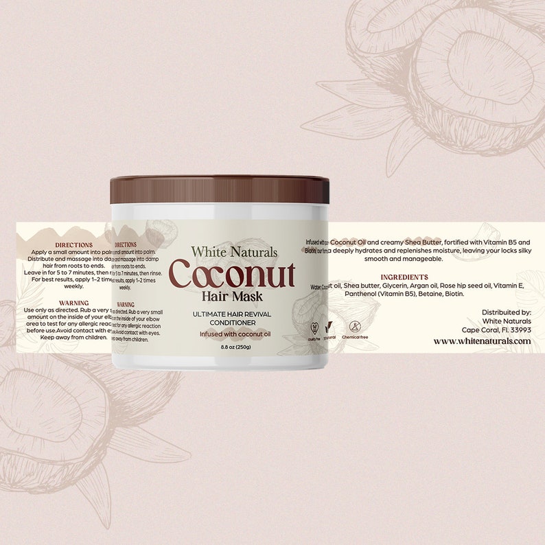 May include: White Naturals Coconut Hair Mask, a brown jar with a white label. The label reads "White Naturals Coconut Hair Mask, Ultimate Hair Revival Conditioner, Infused with Coconut Oil, 8.8 oz (250g)". The jar is on a pink background with a white coconut leaf design.