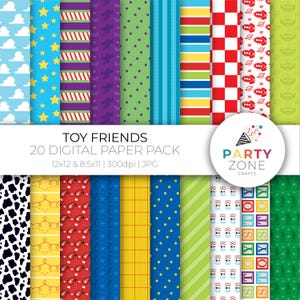 Puede incluir: Un paquete de papel digital con 20 patrones diferentes inspirados en la franquicia de películas Toy Story. Los patrones incluyen estrellas, rayas, lunares, cuadros y más. El paquete de papel es de 12x12 pulgadas y 8,5x11 pulgadas, 300dpi, y en formato JPG.