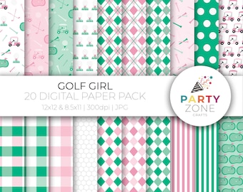 May include: A digital paper pack with 20 different patterns featuring golf-themed designs in pink, green, and white. The patterns include polka dots, plaid, stripes, and golf carts. The text "GOLF GIRL 20 DIGITAL PAPER PACK 12x12 & 8.5x11 | 300dpi | JPG" is at the top of the image. The text "PARTY ZONE CRAFTS" is at the bottom of the image.