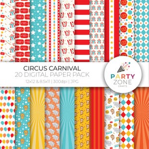 Circus Carnival Digital Paper Pack, Circus Birthday, Circus Party Favors, Printable Pattern Designs, Instant Download, 12x12, 8.5x11, 300dpi