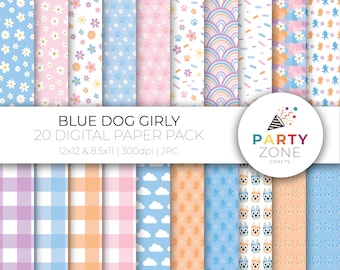 Bluey Girly Digital Paper Pack, Dog Birthday, Bluey & Bingo Party Favors, Printable Pattern Designs, Instant Download, 12x12, 8.5x11, 300dpi