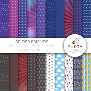 Spider Friends Digital Paper Pack, Superhero Birthday, Party Favors, Printable Pattern Designs, Instant Download, 12x12, 8.5x11, 300dpi