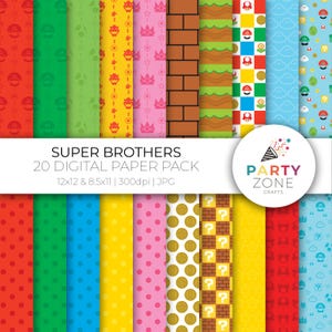 Può includere: Un pacchetto di carta digitale con 20 motivi diversi con personaggi e oggetti del videogioco Super Mario Bros. I motivi includono i colori rosso, verde, blu, giallo, rosa, marrone e bianco. I motivi sono di 12x12 pollici e 8,5x11 pollici e hanno una risoluzione di 300dpi. Il testo "SUPER BROTHERS 20 DIGITAL PAPER PACK 12x12 & 8.5x11 | 300dpi | JPG" è nella parte superiore dell'immagine. Il testo "PARTY ZONE CRAFTS" è nella parte inferiore dell'immagine.