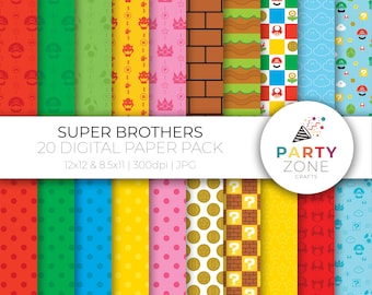 Super Mario Brothers Digital Paper Pack, Mario Party Birthday, Mario Party Favors Printable Designs, Instant Download, 12x12, 8.5x11, 300dpi