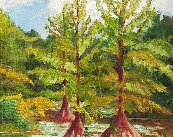 Original Plein air Oil painting of Bald cypress at Trap Pond State Park in Laurel Delaware