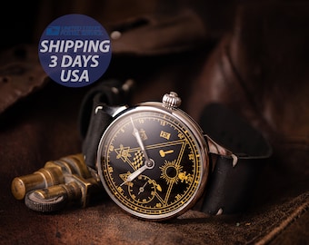 Vintage Masonic Marriage Watch, Black Face, Italian Leather Strap