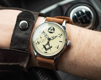 Vintage Masonic USSR Watch: Restored Dial, Mens Wristwatch