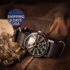 Aviator&#39;s watch, Pobeda watch, vintage watch, military watch, black watch for men, Mens watch, mechanical watches,