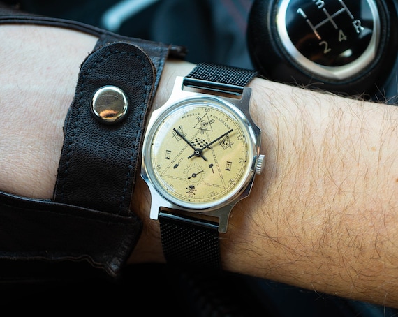 Vintage Pobeda Masonic Watch, USSR Mens Watch, 1980s