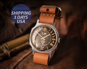 Vintage Pobeda Masonic Mechanical Watch, USSR, Restored