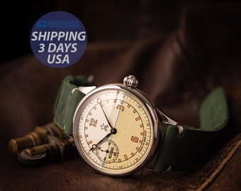 Vintage Aviator USSR Watch, 1980s Mechanical Mens Watch, Italian Leather Strap