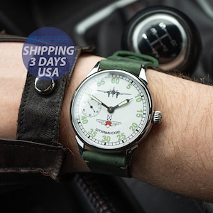 Pilot watch, Aviator watch, vintage watch, white dial, green strap, Mens watch, USSR watch, vintage wristwatch, military watch, army watch