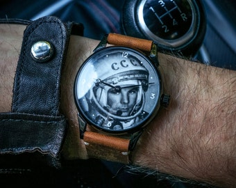 Relógio vintage SHTURMANSKIE GAGARIN: Relógio de aviador masculino da URSS, mostrador restaurado.