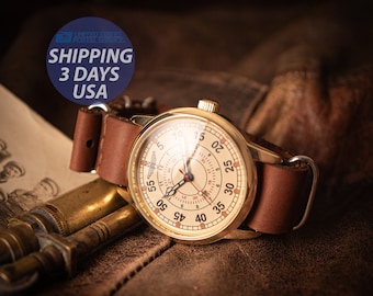 Vintage Aviator Watch, USSR Military Style, Handmade Leather Strap