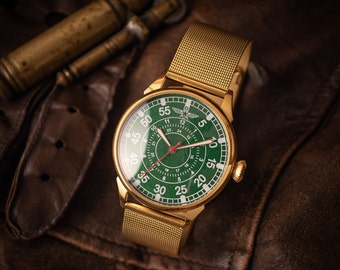 Reloj de aviador vintage de la URSS, esfera verde, estilo militar mecánico.
