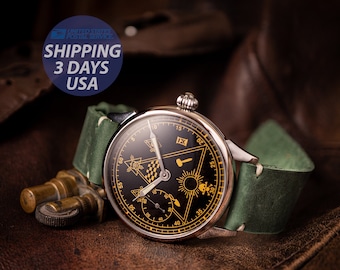 Vintage Masonic Marriage Watch, Black Dial, Green Leather Strap