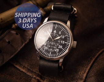 Vintage Aviator Watch, Black Dial, USSR, Handmade Leather Strap