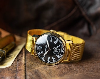 Vintage Pobeda Mens Watch, Black Dial, USSR Made, 1980s
