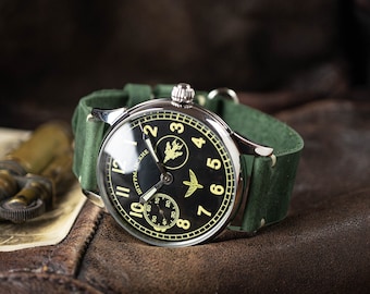 Relógio de aviador SHTURMANSKIE, relógio masculino vintage da URSS, pulseira verde.
