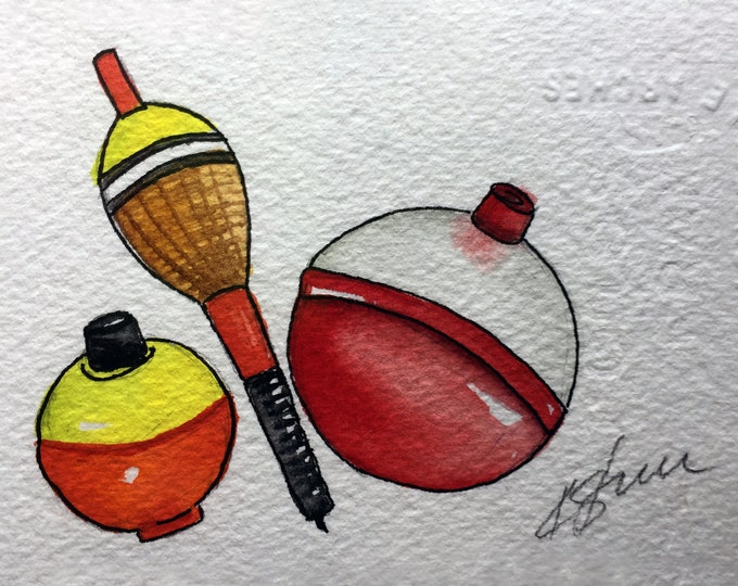 Original Watercolor Painting Bobbers Fishing Painting Etsy