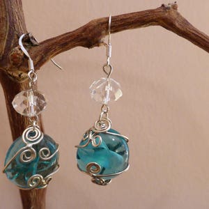 Glass drop turquoise earrings, Dangle earrings, Silver plated, Turquoise stone, Spiral-shape wire, Swarovski type beads, For all occasions