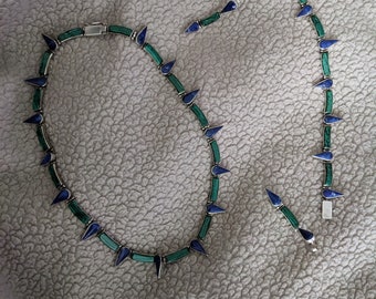 Set van 950 zilver, lapis en malachiet ketting, armband en oorbellen