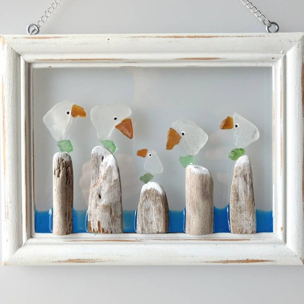 Seaglass Art - Beach Glass Art - Suncatcher - Window Decor - Gift - Seagulls - Family