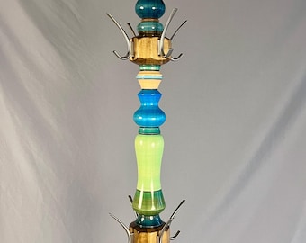 Coat Tree, Handmade Colorful Wood Coat Rack, Heirloom Statement Piece, 8 Double Hooks