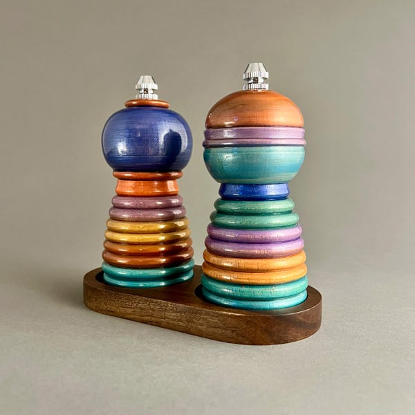 Hand Turned Wooden Salt and Pepper Grinder Set with Tray