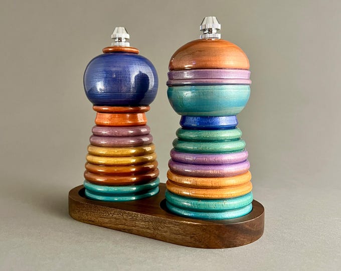 Hand Turned Wooden Salt and Pepper Grinder Set with Tray