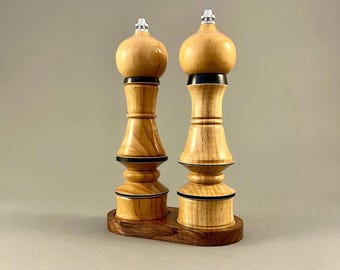 Hand Turned Wooden Salt and Pepper Grinder Set with Tray