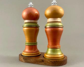 Hand Turned Wooden Salt and Pepper Grinder Set with Tray
