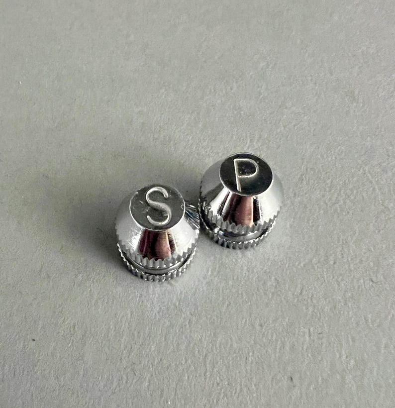 May include: Two silver metal salt and pepper shakers with the letters "S" and "P" engraved on the top.