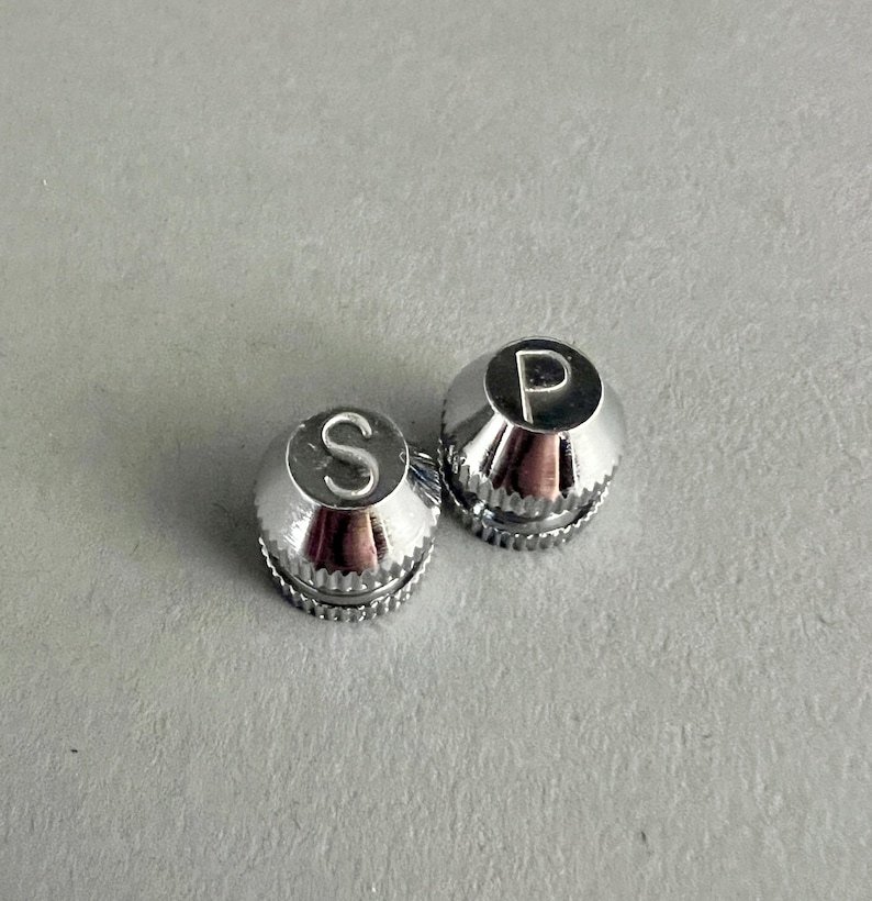 May include: Two silver metal salt and pepper shakers with the letters "S" and "P" engraved on the top.