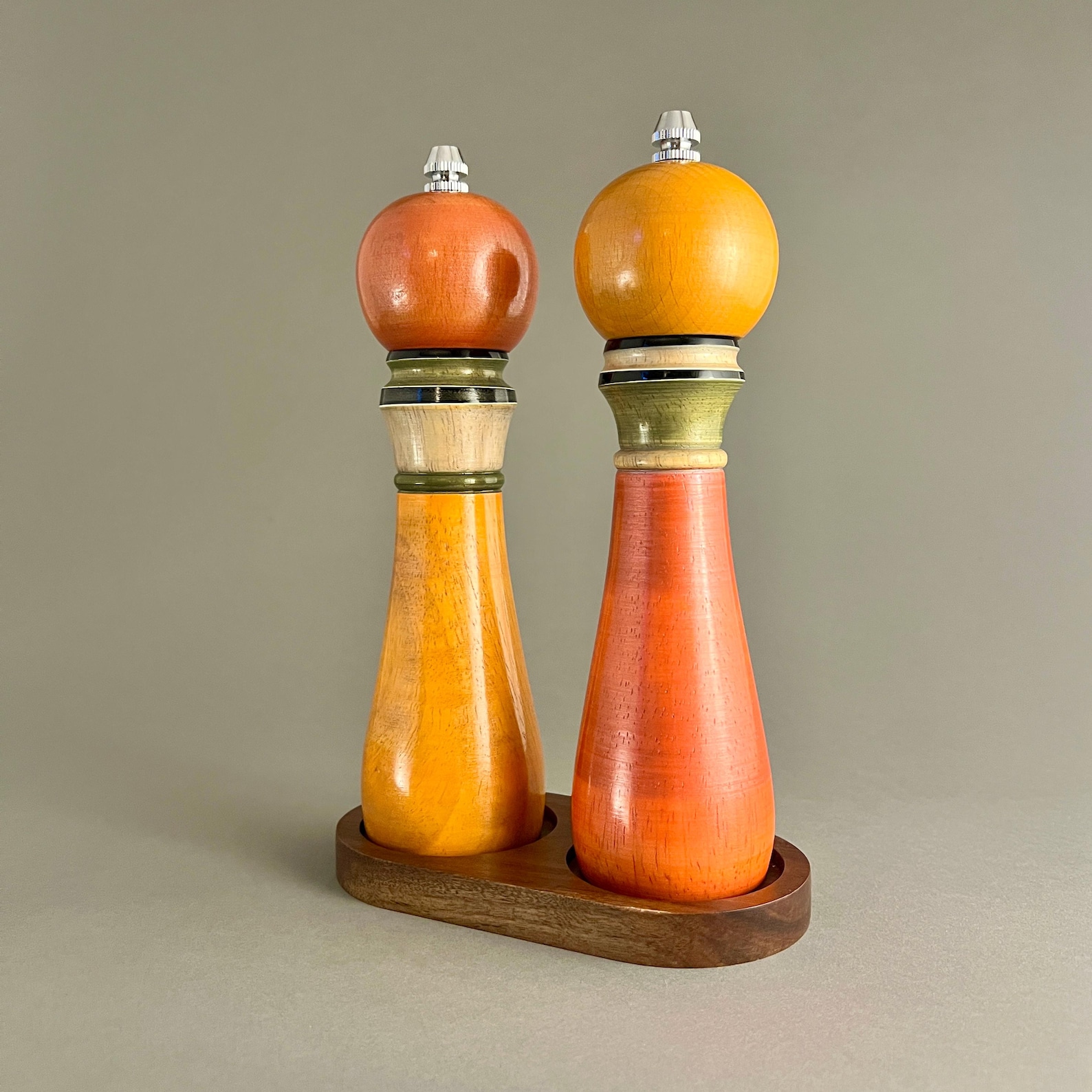 Hand Turned Wooden Salt and Pepper Grinder Set with Tray