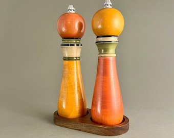 Hand Turned Wooden Salt and Pepper Grinder Set with Tray