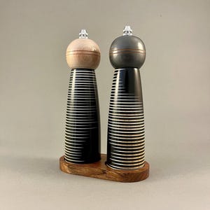 Hand Turned Wooden Salt and Pepper Grinder Set with Tray image 1