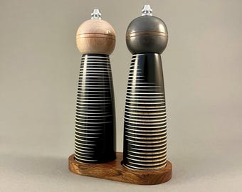Hand Turned Wooden Salt and Pepper Grinder Set with Tray