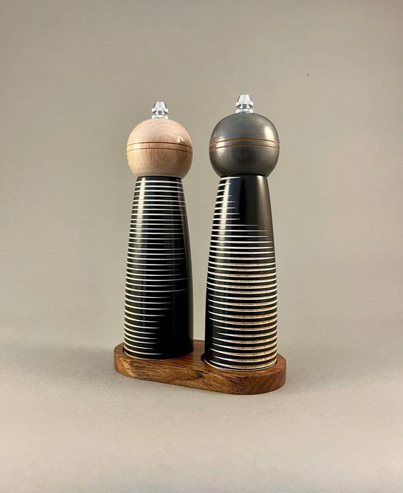 Hand Turned Wooden Salt and Pepper Grinder Set with Tray