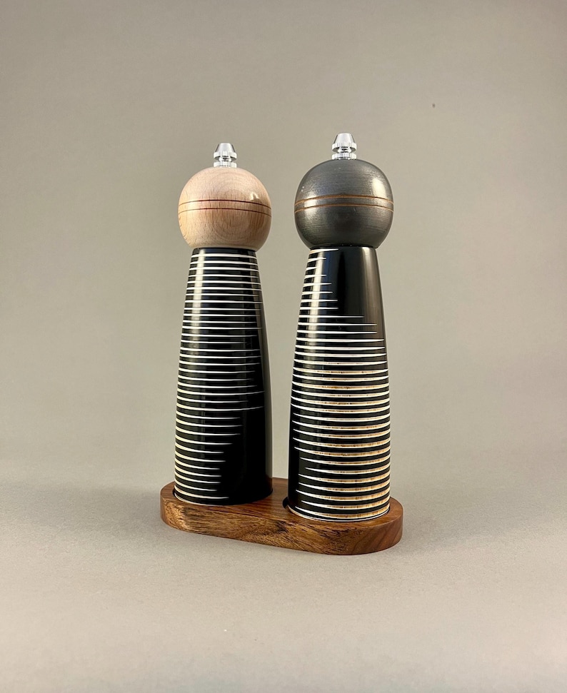 Hand Turned Wooden Salt and Pepper Grinder Set with Tray image 1