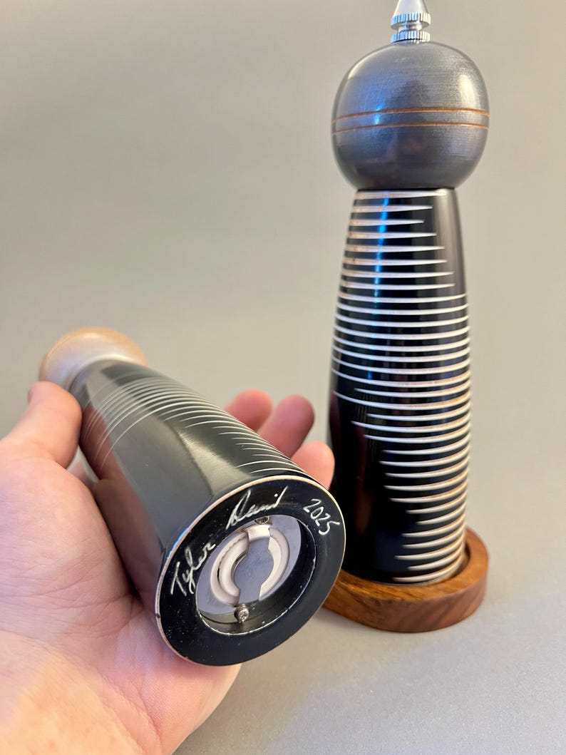 Hand Turned Wooden Salt and Pepper Grinder Set with Tray image 2