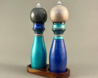 Hand Turned Wooden Salt and Pepper Grinder Set with Tray