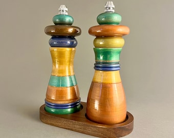Hand Turned Wooden Salt and Pepper Grinder Set with Tray