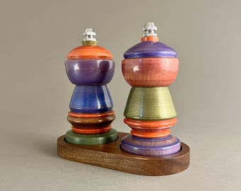 Hand Turned Wooden Salt and Pepper Grinder Set with Walnut Tray