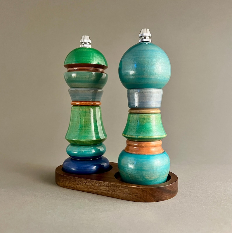 Hand Turned Wooden Salt and Pepper Grinder Set with Tray