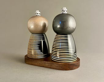 Hand Turned Wooden Salt and Pepper Grinder Set with Tray