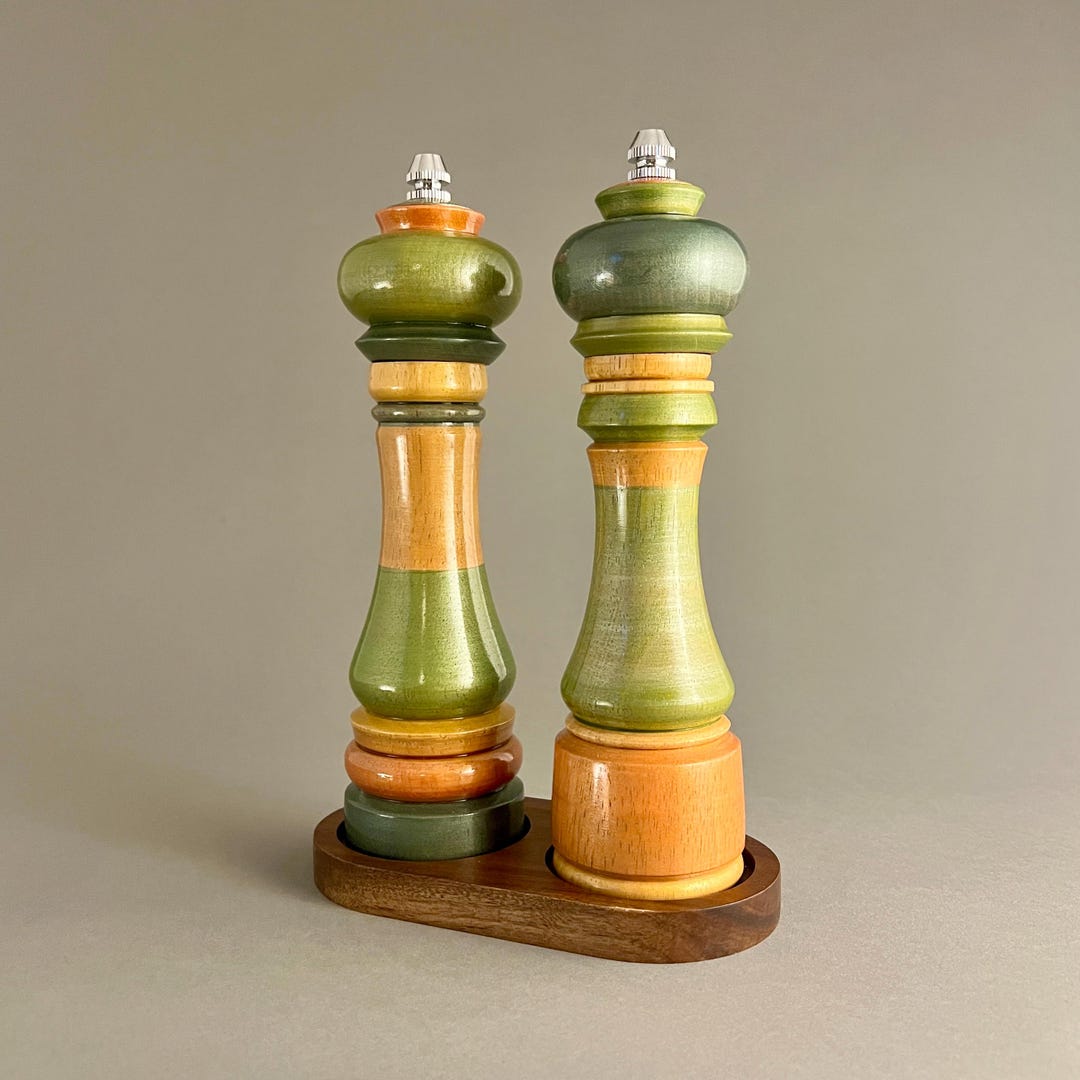 Hand Turned Wooden Salt and Pepper Grinder Set with Tray