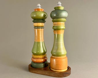 Hand Turned Wooden Salt and Pepper Grinder Set with Tray