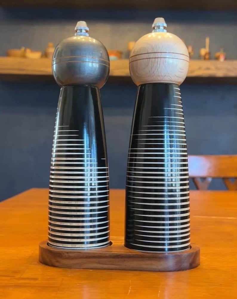 Hand Turned Wooden Salt and Pepper Grinder Set with Tray image 3